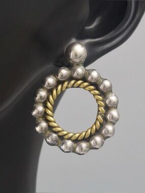 Vintage Taxco Sterling Silver and Brass Earrings Twisted Cable Beaded Border